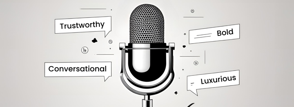 Illustration of a microphone in the centre, with the words trustworthy, conversational, bold, and luxurious around it | What is a Brand Tone of Voice?