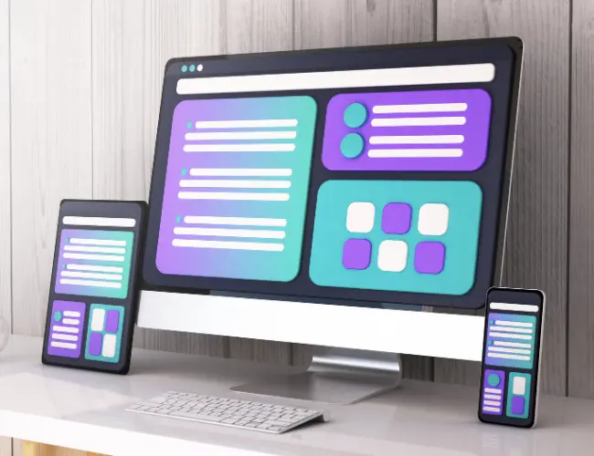 The same website wireframe design displayed on a computer, tablet, and mobile