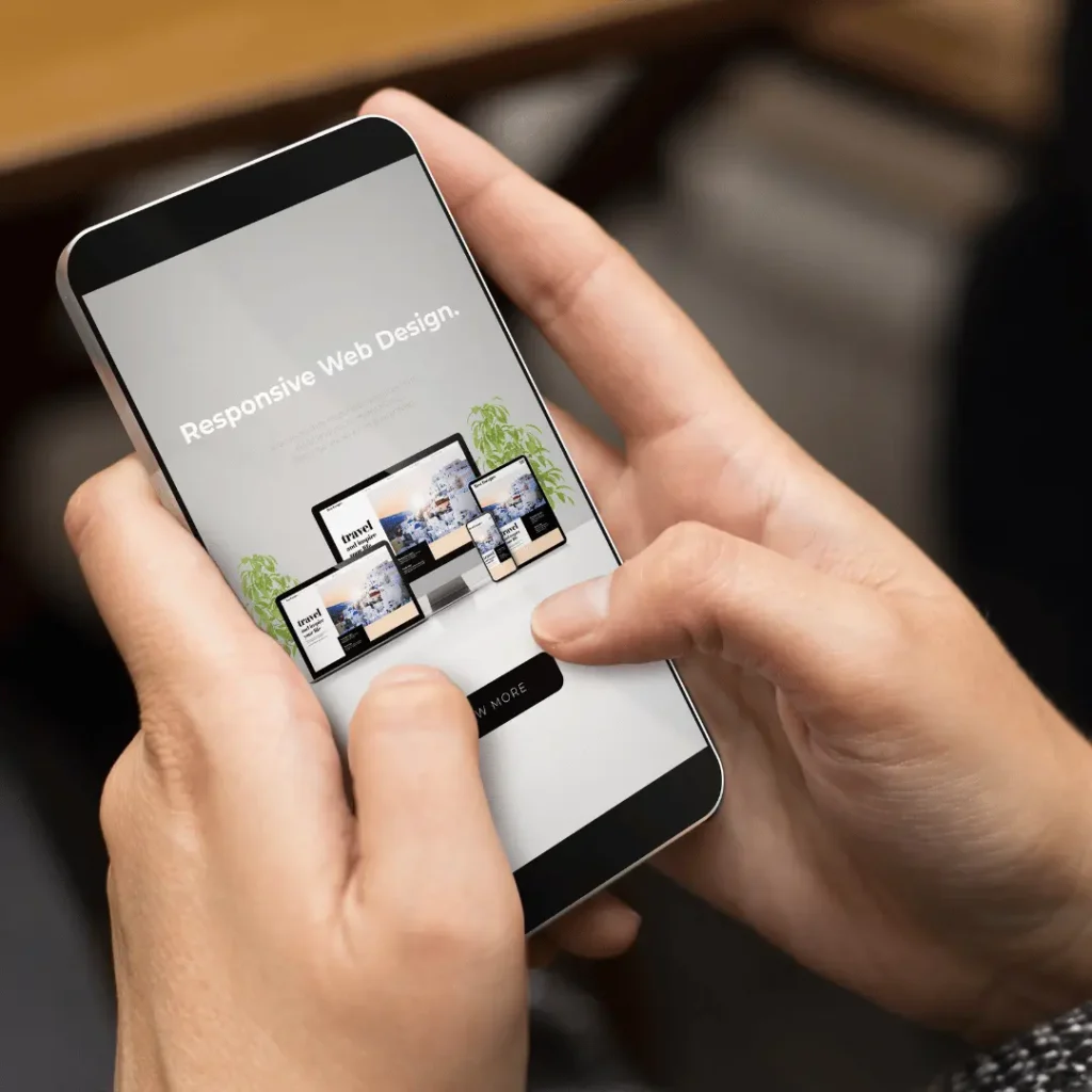 A pair of hands holding a phone, with an example of a responsive website on it