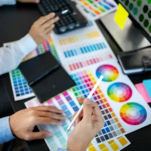 A pair of coworkers looking at potential colour in web design