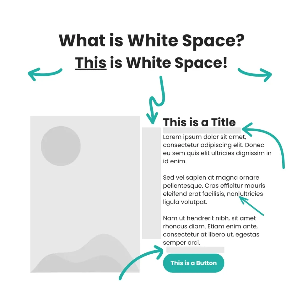 A graphic illustrating "What is White Space?" with a subheading of "This is White Space!", with numerous arrows pointing to spaces between elements on the page, highlighting the white space.