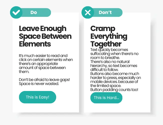 An illustration showing how white space affects User Experience, and a user's ability to interact with page elements.