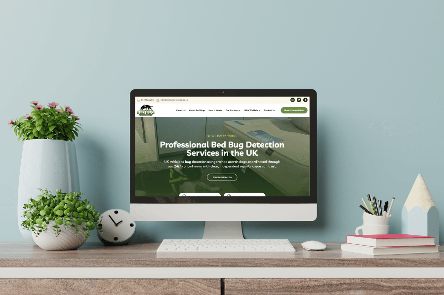 Desktop computer displaying a bed bug detection services website