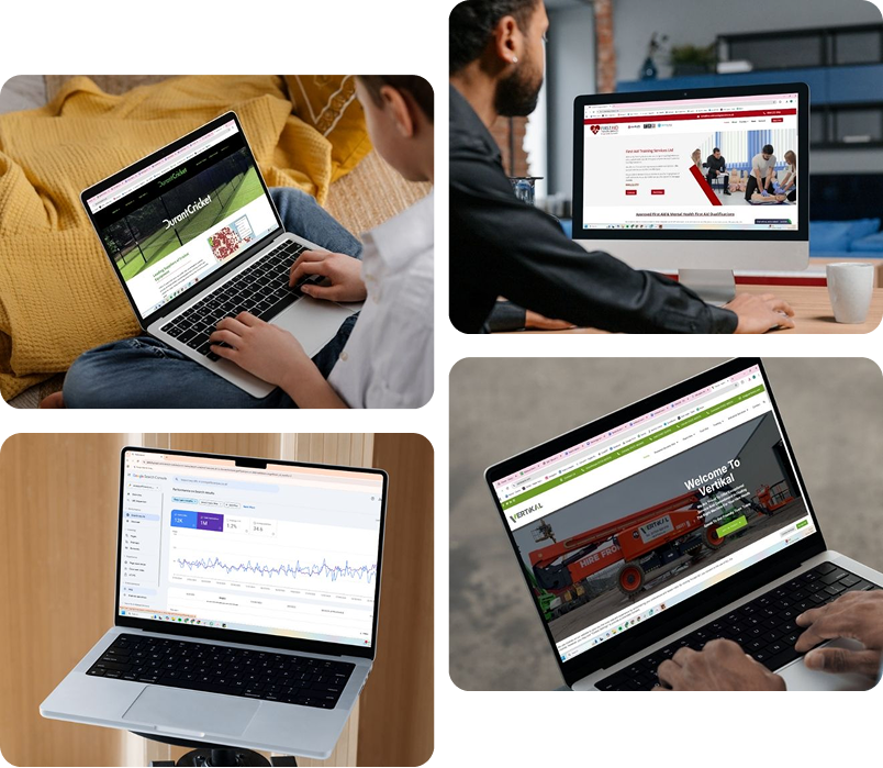 A collage of four images showing people using laptops and desktops to view different websites.
