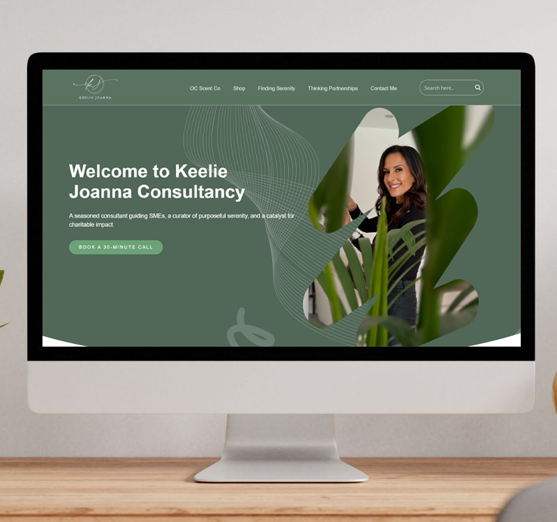 Homepage of Keele Joanna Consultancy website showing a welcome message and a portrait of the consultant framed by green leaves.