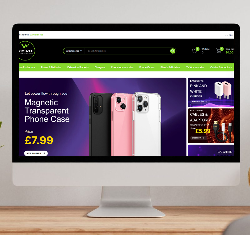 A desktop monitor displaying the Wimozee Technologies e-commerce website, featuring magnetic phone cases, a green navigation bar, and a search interface.