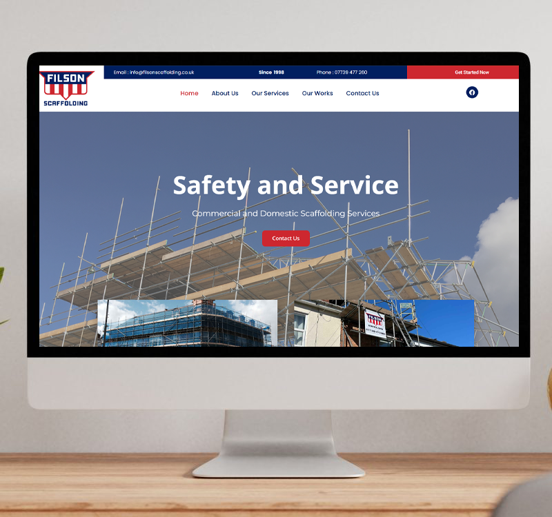 A desktop monitor displaying the Filson Scaffolding website, featuring a large image of a scaffolding structure and the headline "Safety and Service".