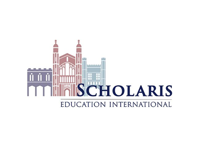 A logo for "Scholaris Education International" featuring a stylized silhouette of historic university buildings in purple, red, and light blue.