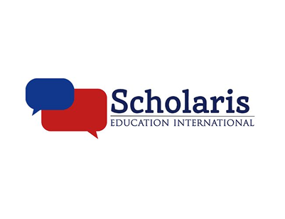 A logo for "Scholaris Education International" featuring two overlapping speech bubbles in blue and red.
