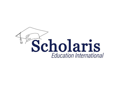 Logo of Scholaris Education International featuring a navy blue serif font and a minimalist line-art sketch of a graduation cap (mortarboard).