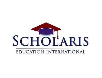 Logo of Scholaris Education International featuring a navy blue serif font and a minimalist line-art sketch of a graduation cap (mortarboard).