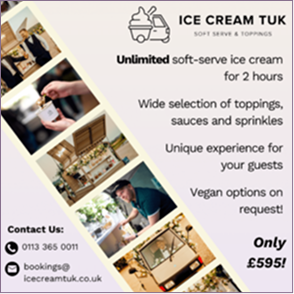 A promotional flyer for Ice Cream Tuk featuring a diagonal filmstrip of event photos and service details.