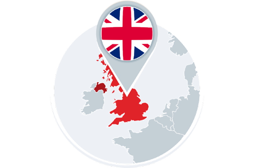 A map of the United Kingdom highlighted in red with a large Union Jack flag pin pointing to England.