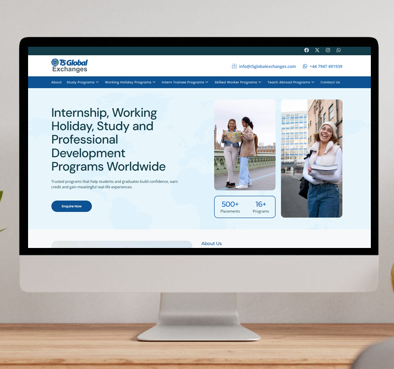“Homepage of TS Global Exchanges showing internship, working holiday, study, and professional development programs.”
