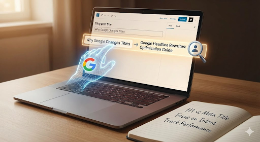 “Laptop showing a blog post about Google title changes, with a Google icon and a glowing hand illustration interacting with the screen
