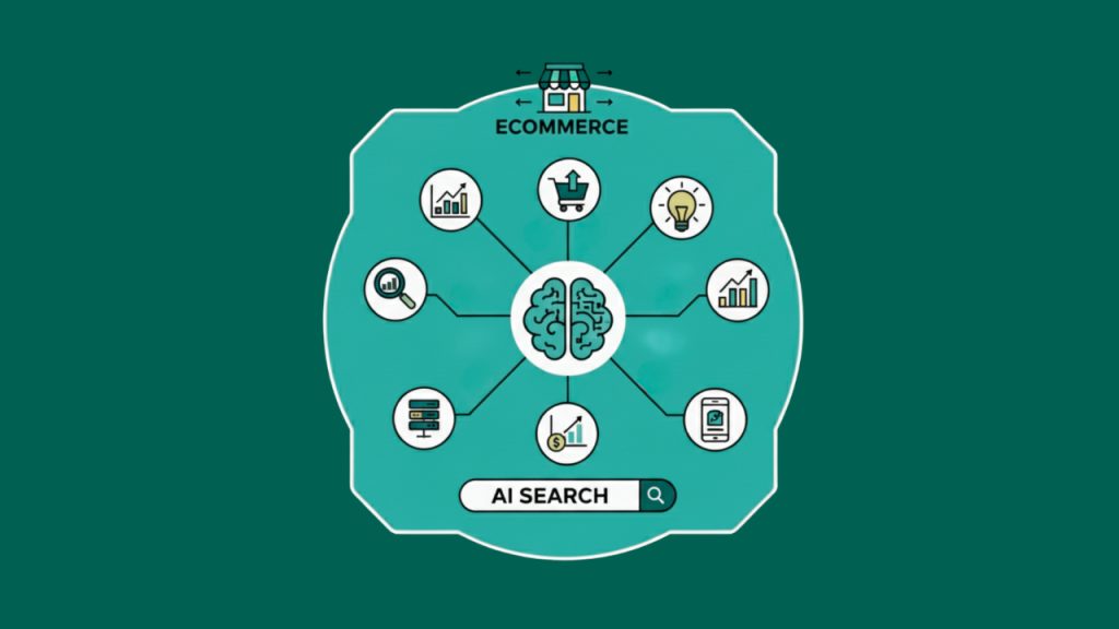 AI search illustration with a central brain icon connected to ecommerce, analytics, mobile, pricing, search, and growth symbols.