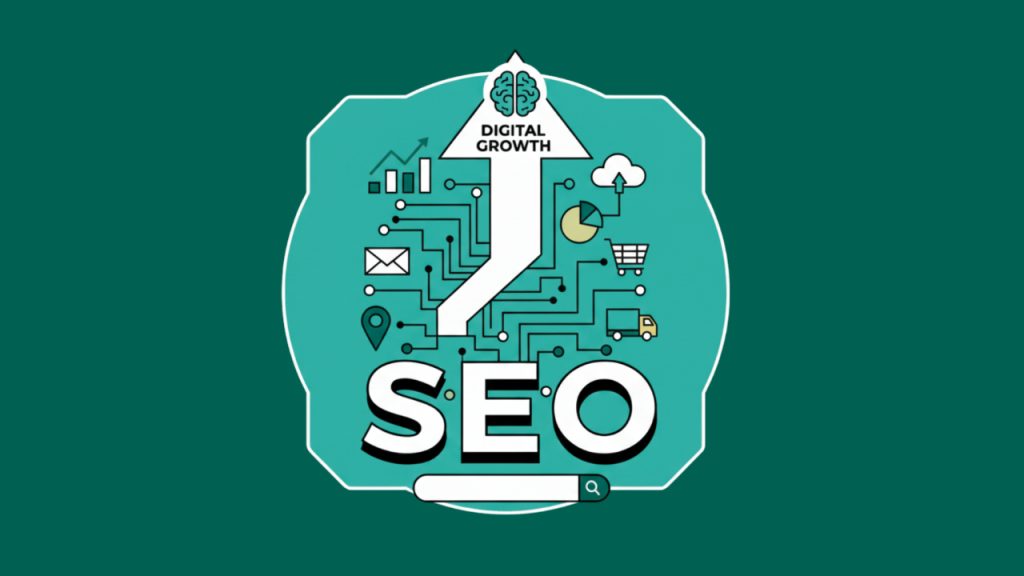 SEO illustration showing an upward arrow labeled digital growth connected to icons for analytics, email, location, ecommerce, cloud, and delivery.