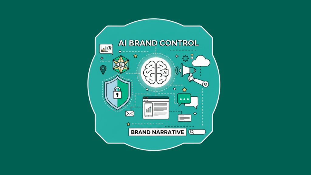 Illustration showing AI brand control with icons for security, analytics, messaging, and content management surrounding an AI brain.