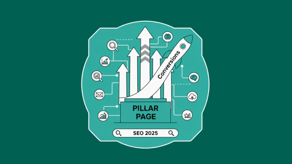 SEO infographic showing a central pillar page with upward arrows and a rocket labeled conversions, surrounded by SEO and analytics icons.