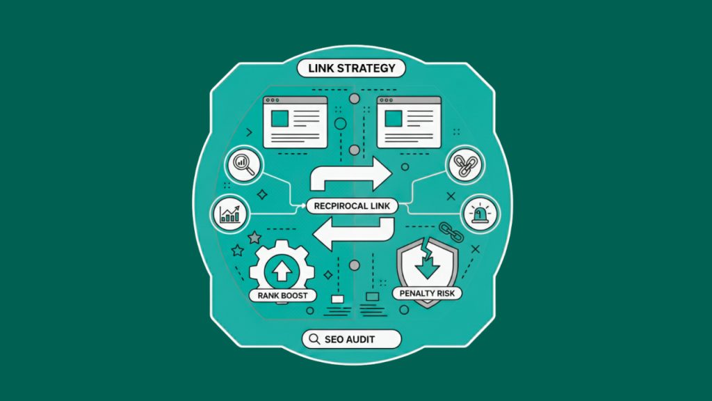 SEO infographic showing a link strategy with reciprocal links, rank boost benefits, and potential penalty risks connected to an SEO audit.