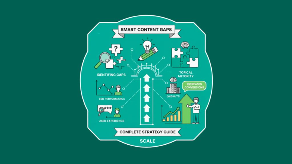 SEO infographic illustrating smart content gaps with upward arrows, analytics, user experience, topical authority, and conversion growth icons.