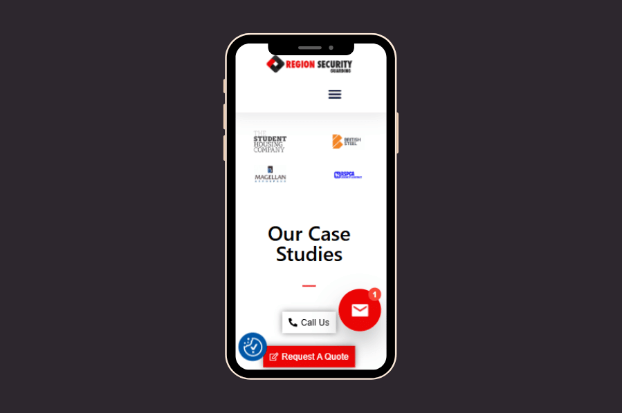 Mobile view of a security company website showing case studies and contact options.