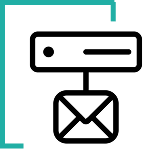 A minimalist black line-art icon featuring a server unit connected to an envelope, representing email server hosting, on a transparent background with a teal corner border.