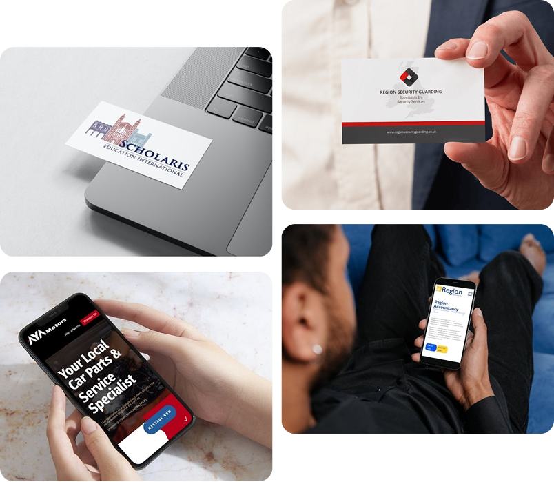 A collage showing branding and digital marketing materials, including a logo on a laptop, a business card held in hand, and two smartphones displaying business websites.