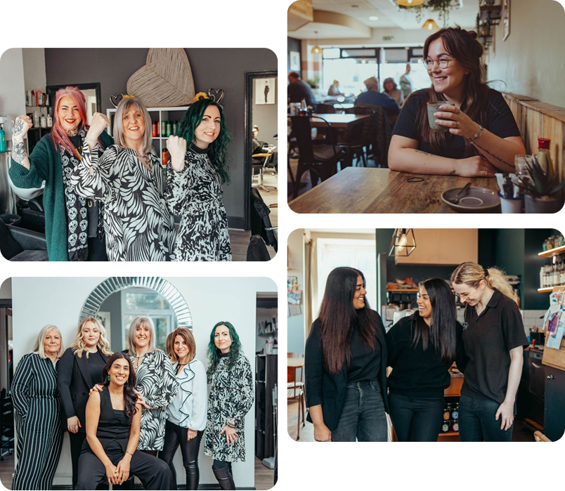 A collage of four photos showing groups of women smiling together in social and work settings, including a café and a salon environment.