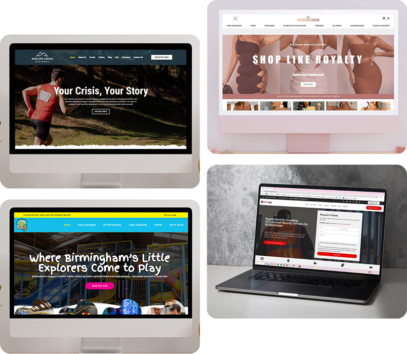 Four computer screens displaying different website homepage designs in a collage layout.
