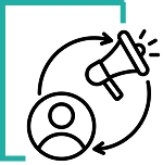 Black outline icon showing a user profile with a megaphone and circular arrows on a transparent background.