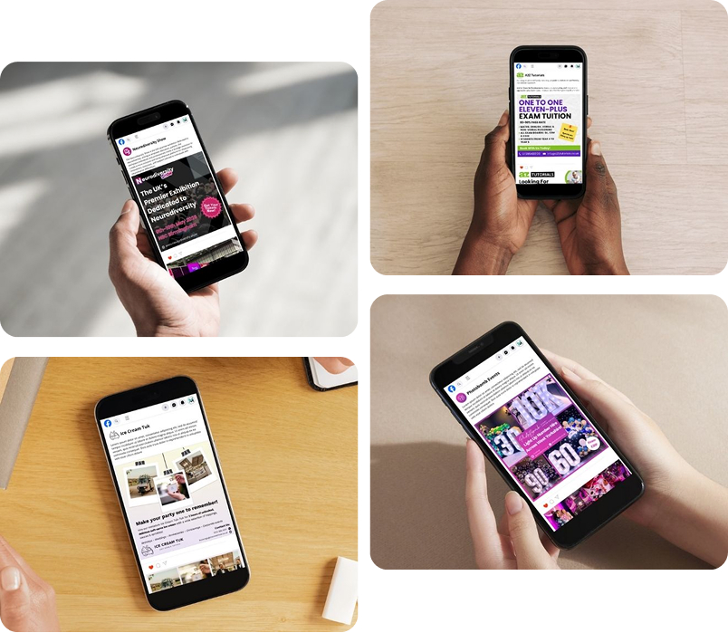 A collage of four images showing hands holding smartphones displaying various social media advertisements and educational content.