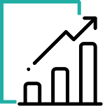 A minimalist icon featuring a rising line graph and three bar charts of increasing height, framed by a teal border.
