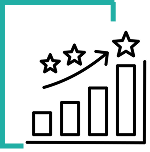 A minimalist black icon featuring four bar charts of increasing height and an upward-pointing arrow with three stars above it, framed by a teal border.