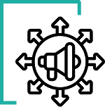 A black megaphone icon centered within a circle, with eight arrows pointing outward in all directions, framed by a partial teal border on a checkered background.