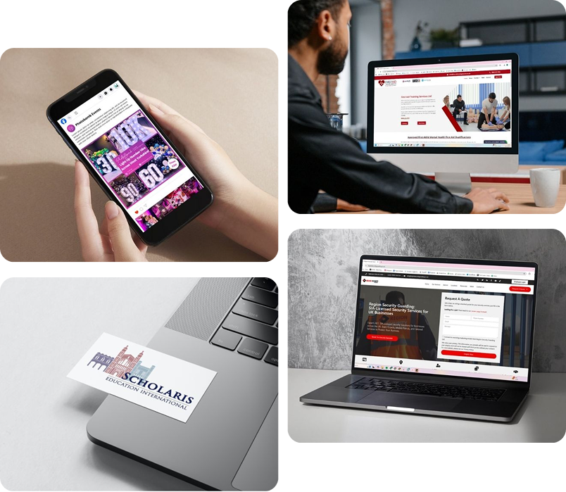 Collage showing a mobile phone, desktop computer, and laptop displaying educational and digital platforms.