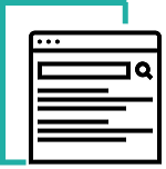 A black line icon of a web browser window showing a search bar and multiple lines representing search result listings.