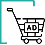 A black line icon of a shopping cart with a sign inside containing the word "AD."