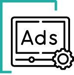 A black line icon of a video player with the word "Ads" on the screen and a gear settings icon in the bottom-right corner.