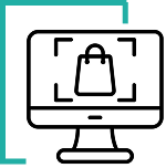 A black line icon of a desktop monitor displaying a shopping bag within a focal frame.