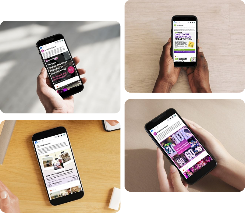 A collage of four images showing hands holding smartphones displaying various social media advertisements and educational content.