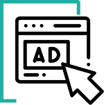 A black line icon of a web browser window containing the word "AD" with a cursor arrow clicking on it.