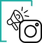 A line art icon featuring a megaphone broadcasting next to an Instagram camera logo.