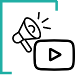 Black line icon of a megaphone broadcasting next to a YouTube play button logo