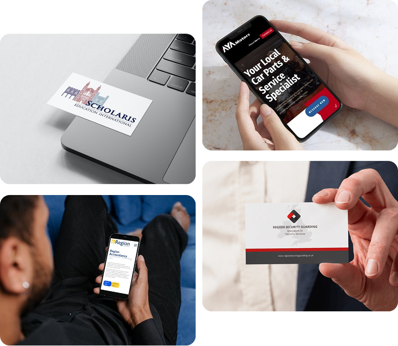 Collage showing branding and digital design work, including business cards, website designs on mobile screens, and logo mockups.