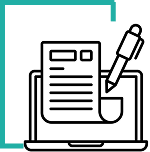 Line icon of a document on a clipboard with a pen, representing form filling or documentation.