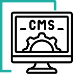 Line icon of a computer monitor displaying “CMS” with a gear, representing content management systems.