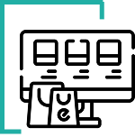 Line icon of a computer monitor displaying a dashboard layout with panels and a document featuring a checkmark.