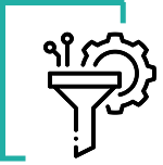 Line icon of a funnel with circuit lines feeding into it, next to a gear.