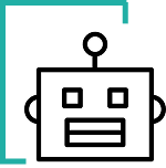 Simple black outline robot icon with square eyes, a rectangular mouth, and an antenna on a transparent background.